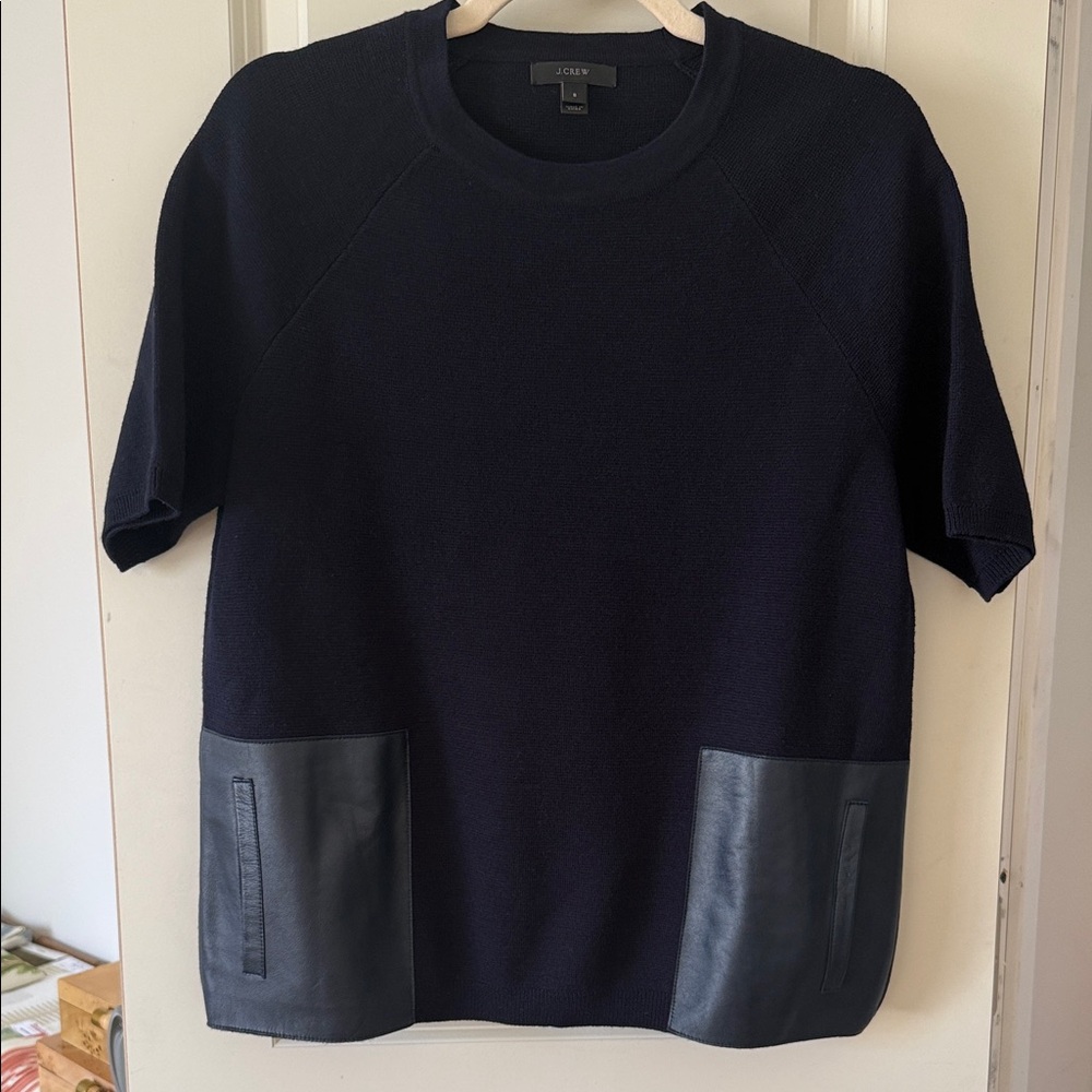 EUC! 💙 J. Crew Navy Short-Sleeve Knit Top with Leather Patch Pockets